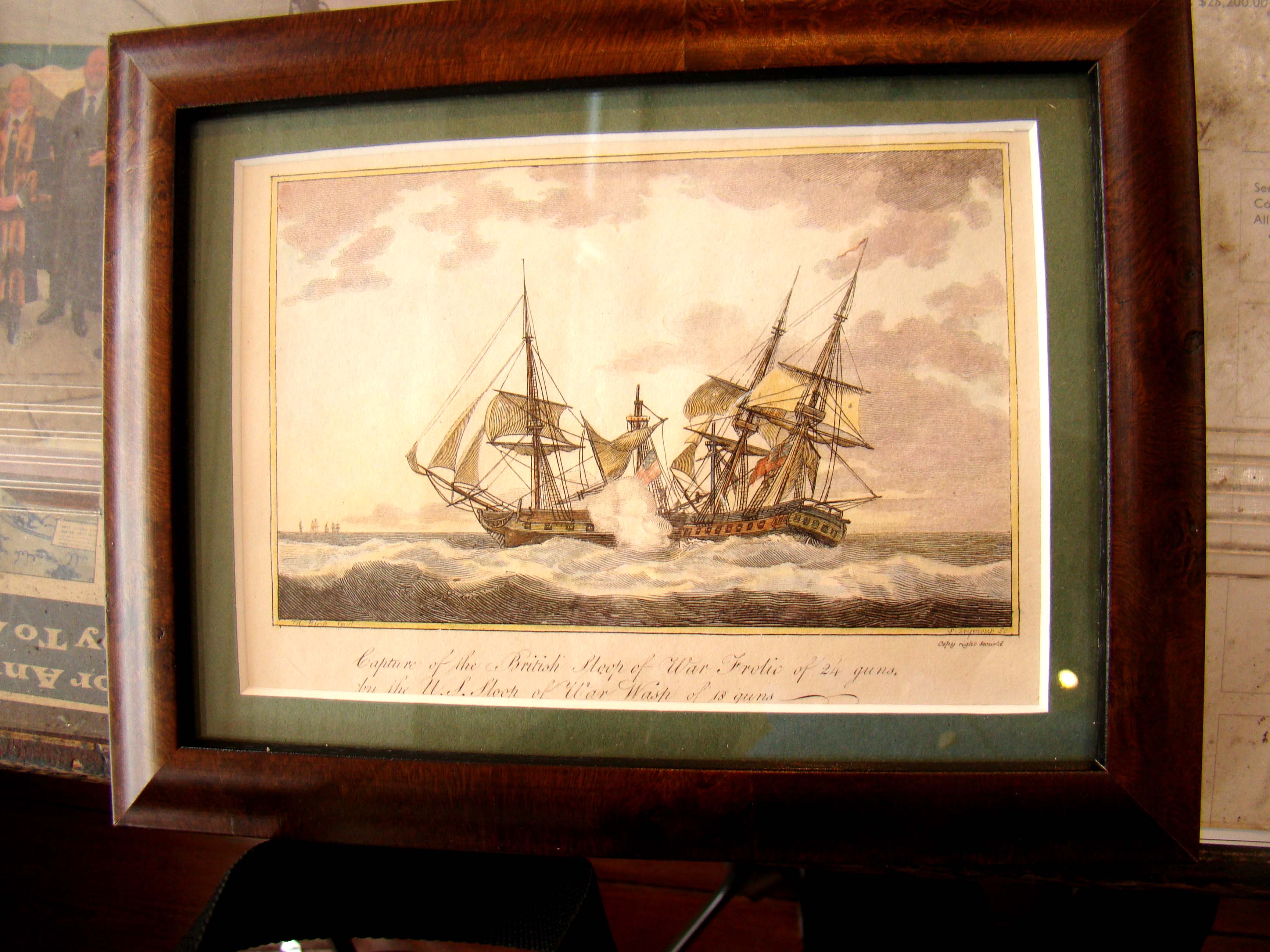 An original hand colored steel engraving of the Capture of the British Sloop of War 'Frolic' of 24 guns by the U S Sloop of War "Wasp" of 18 guns circa 1830