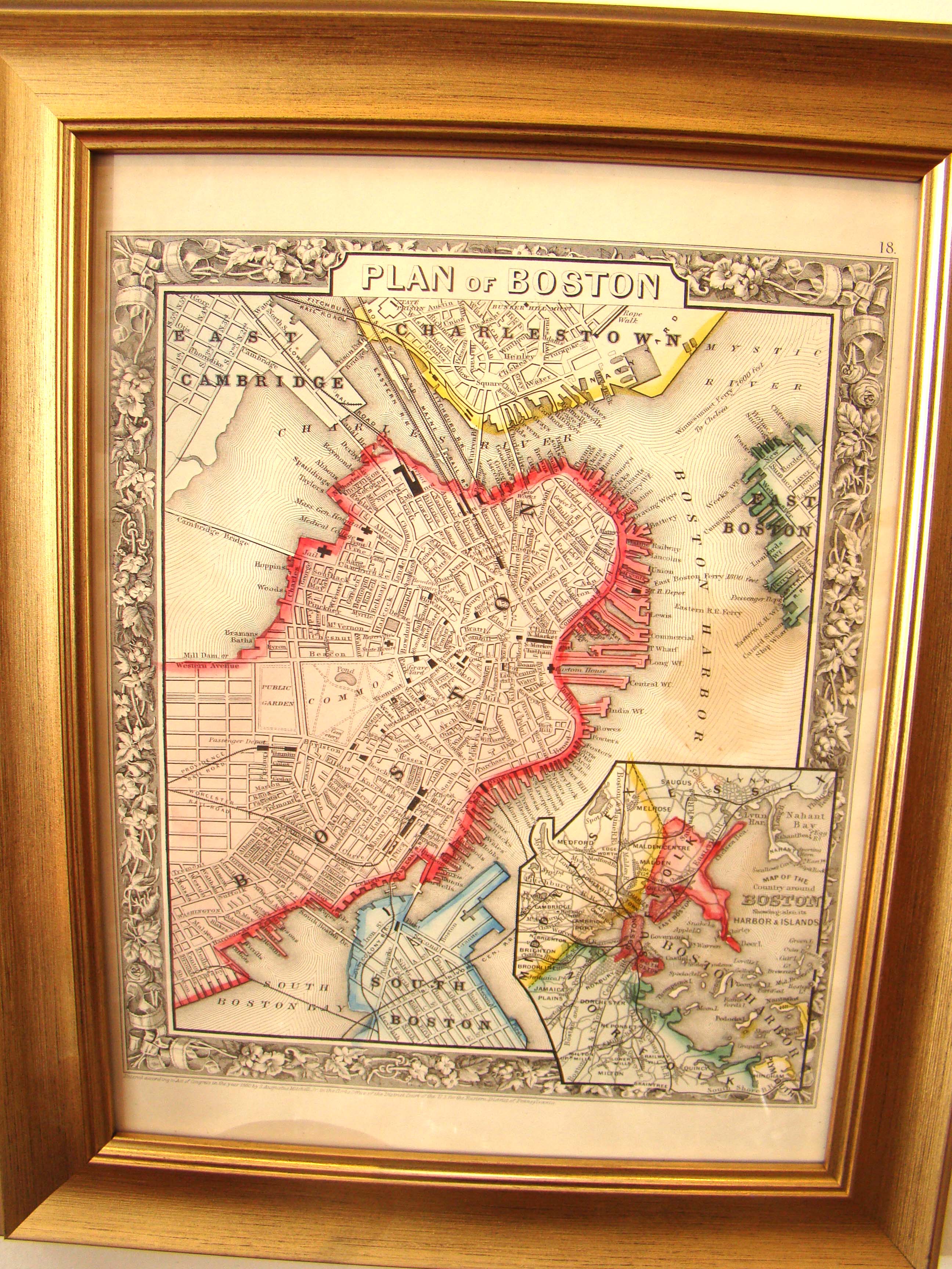 A fine original hand colored Civil War era MAP OF BOSTON done by Samuel Mitchell in 1861