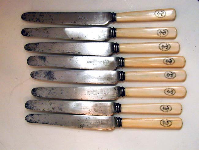 Set of 8 English Bone Handled Dinner Knives with the 'Fouled Anchor' Motif circa 1860