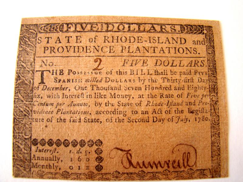 A RARE State of Rhode Island $5.00 note issued July 2, 1780, serial No.2