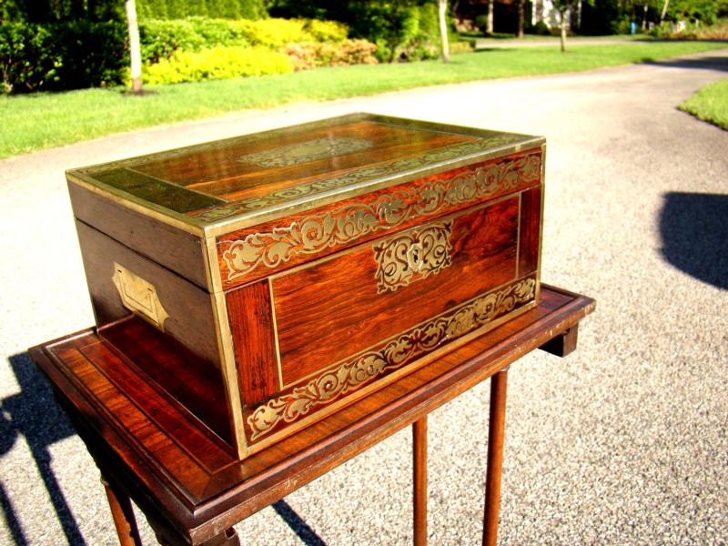 A large English Regency period brass inlaid rosewood jewelry box circa 1820