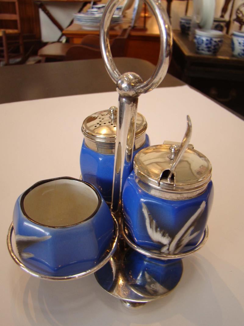 A vintage three-piece condiment set featuring three porcelain pieces painted with birds — image 2