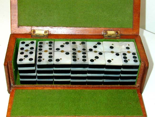 Beautiful 19th Century Cased Set of Mother-of-Pearl Mounted Dominoes — image 2