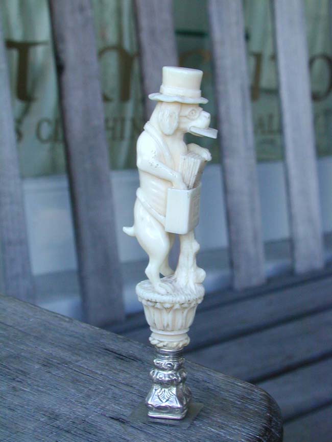 A Fine and Rare 19th Century Silver Mounted Ivory Desk Seal in the Form of Dog Letter Carrier