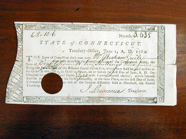 Revolutionary War Period Note Payable To A Soldier Issued By The State of Connecticut June 1, 1782