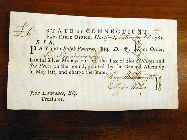 Revolutionary War Note Payable Issued By The State of Connecticut Sept. 20, 1781