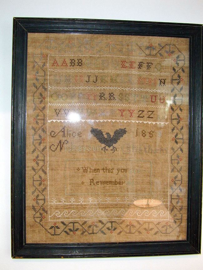 Rare American Needlework Sampler Signed "ALICE NICKERSON, CHATHAM, (MASSACHUSETTS) 1853"