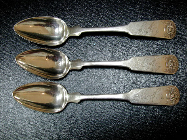 Three RARE American Coin Silver Teaspoons With Flower Basket Ends and Shell Back Bowls Circa 1820.