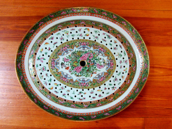Antique Chinese Export Porcelain 'Famille Rose' Serving Platter and Strainer circa 1830