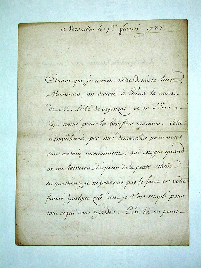 A 18th century Letter Written From the Palace of Versailles, Feb. 1, 1733