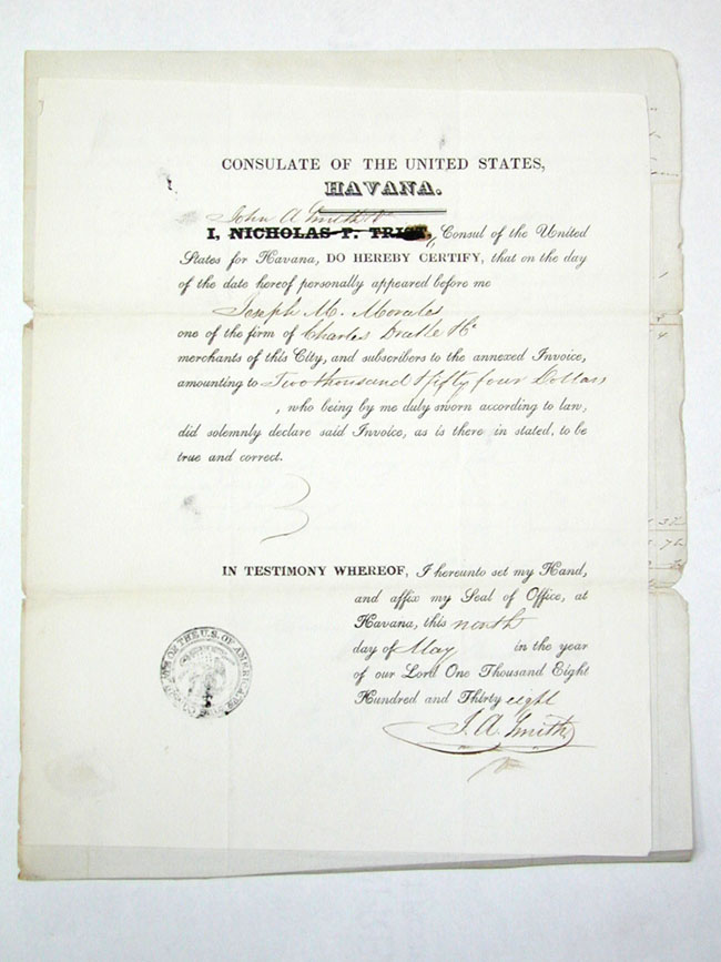 Antique Document Issued By The U.S. Consulate in Havana, May 9, 1838