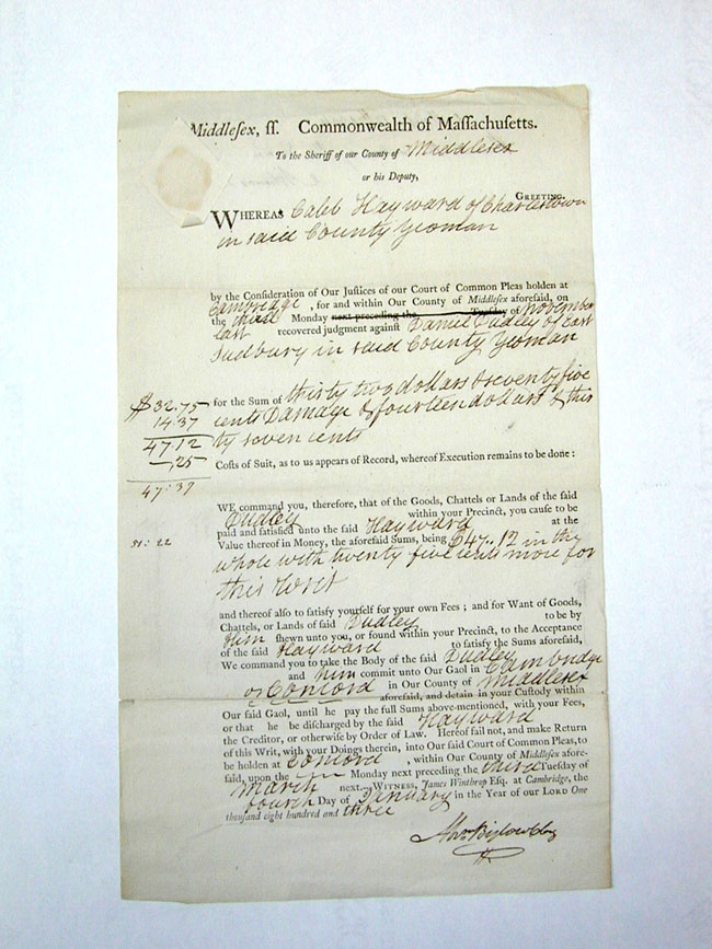 Antique Middlesex county, Mass., Court Document Dated Jan. 4, 1803