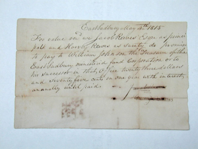 Antique Promissory Note Payable in East Sudbury, Mass., Dated May 4, 1815