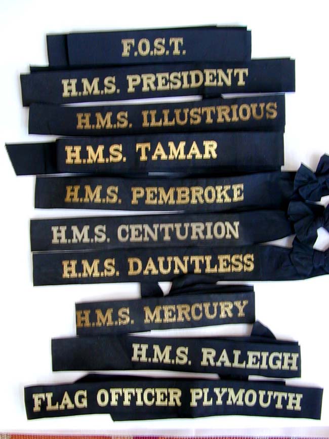 Collection of five British Navy Hat Ribbons, 20th Century