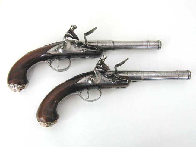 Pair of English Silver Mounted Flintlock Cannon Barreled Pistols Circa 1755