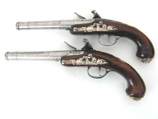 Pair of English Silver Mounted Flintlock Cannon Barreled Pistols Circa 1755 — image 2