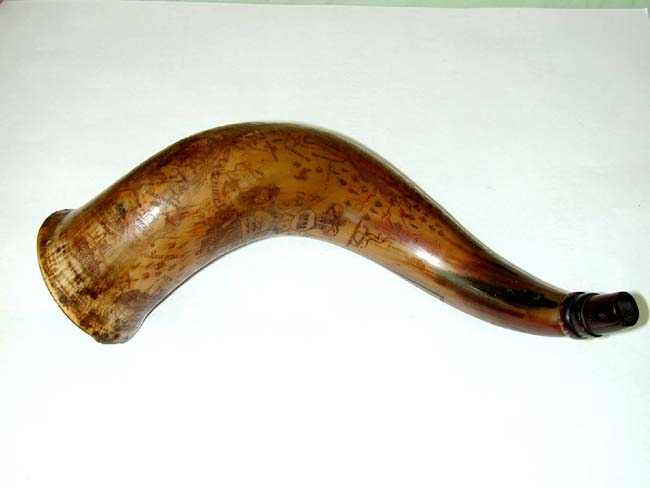 A Professionally carved English Map Powder Horn in the style of the French and Indian Wars. Probably 20th century.
