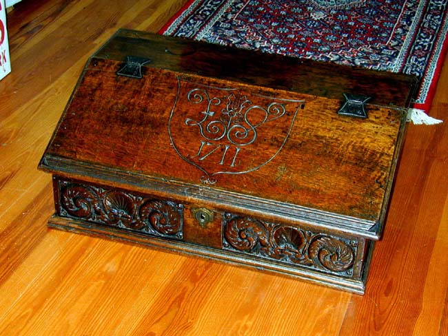 A Fine Late 17th Century English Oak Bible or Desk Box With Initials 'ES' and Dated 1711