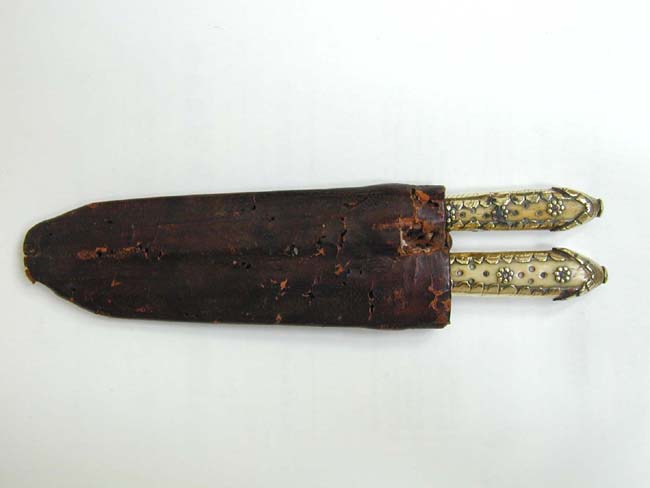 A 17th Century Ivory and Brass Handled Fork and Knife Set in Leather Sheath — image 2