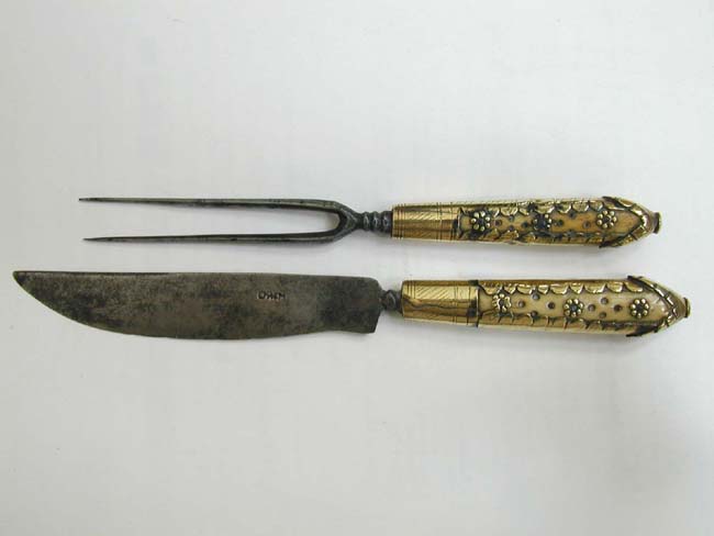 A 17th Century Ivory and Brass Handled Fork and Knife Set in Leather Sheath