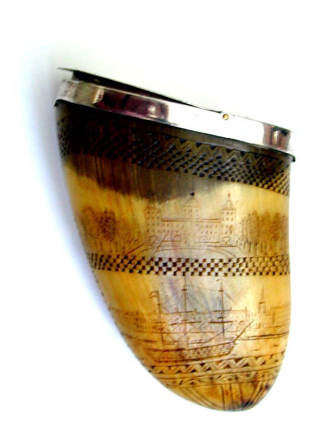 A Fine Late 18th Century Silver Mounted Scrimshawed Horn Snuff Box