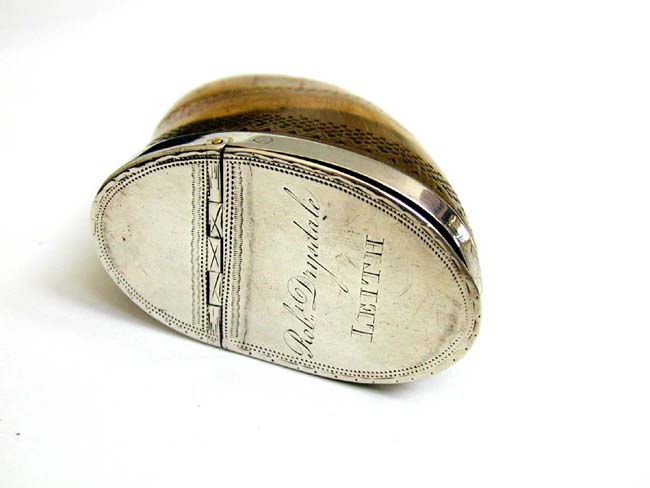 A Fine Late 18th Century Silver Mounted Scrimshawed Horn Snuff Box — image 2