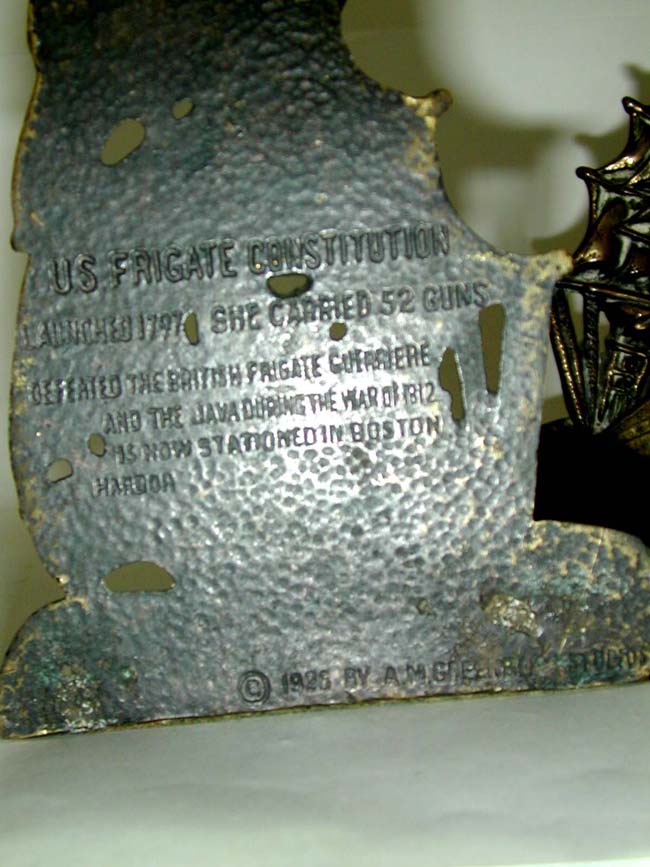 Pair of Antique "U.S. Frigate Constitution" Brass Bookends With Inscriptions — image 2