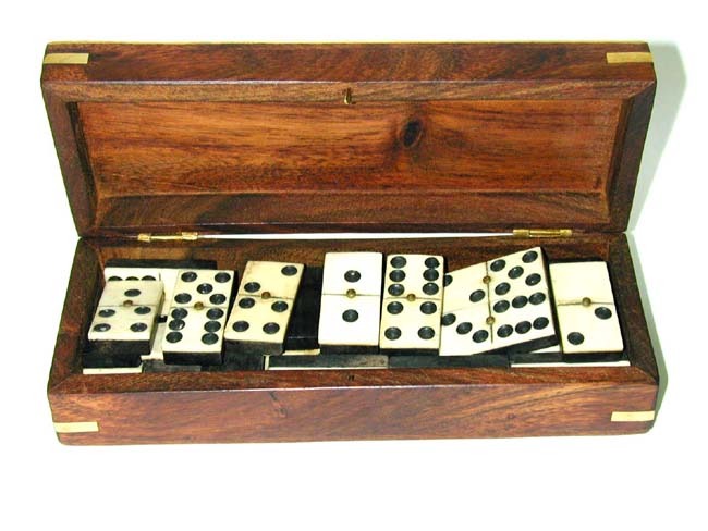 Antique Set of Bone and Ebony Dominoes in Later Brass Mounted Campaign Style Walnut Box