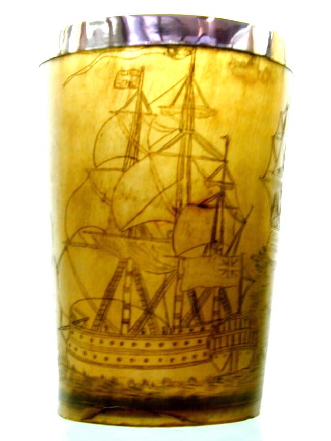 A Fine and Rare 19th century Engraved Horn Beaker With Silver Rim