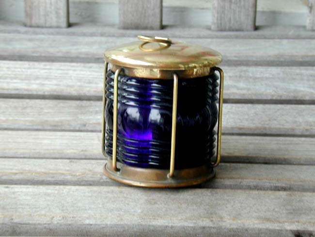 Antique Lidded Brass Container in the form of a Ships Lamp with Blue Freznel Lens Circa 1900