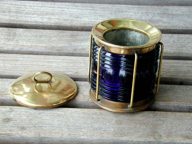 Antique Lidded Brass Container in the form of a Ships Lamp with Blue Freznel Lens Circa 1900 — image 2