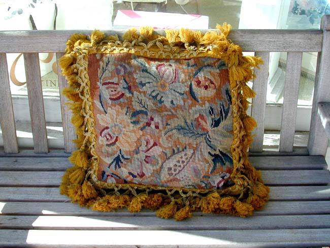 Antique English Needlework Tasseled Cushion with Gros Point Floral Design Circa 1840