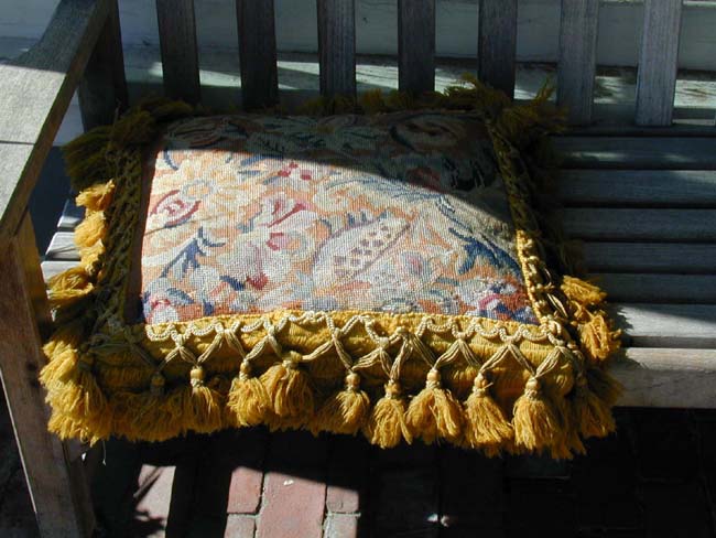 Antique English Needlework Tasseled Cushion with Gros Point Floral Design Circa 1840 — image 2
