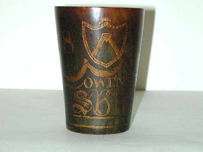 A Wonderful Antique Engraved Horn Beaker With the Arms of the "OWEN" Family and dated 1847