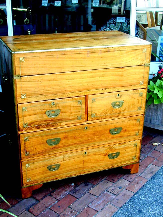 Fine Brass Inlaid and Brass Mounted Two-Part Camphorwood Campaign Secretary/Chest Circa 1830