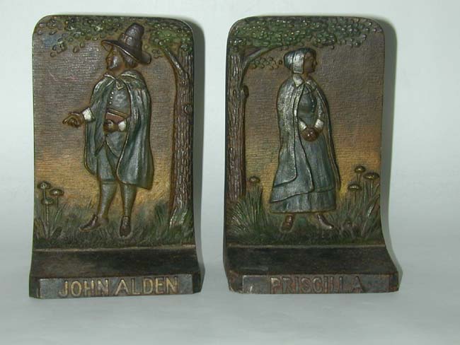 Pair of Bradley and Hubbard Antique Bookends Depicting John and Priscilla Alden circa 1925