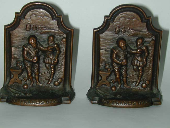 A Charming Pair of Sir Francis Drake and the Spanish Armada Bronzed Bookends Circa 1900