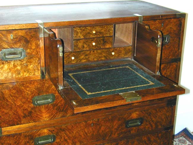 A RARE 19th Century English Burl Walnut Two-Part Campaign Desk and Chest of Drawers Signed Hill & Millard — image 2