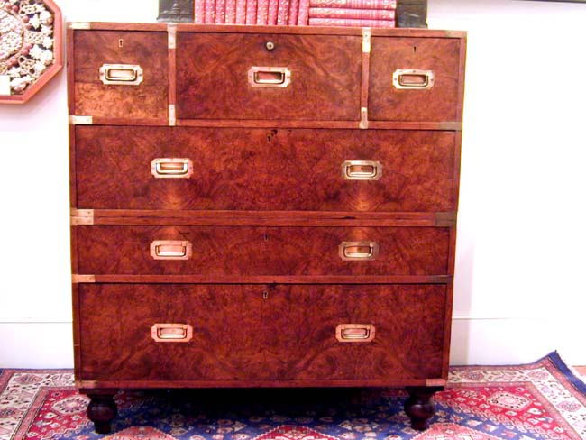 A RARE 19th Century English Burl Walnut Two-Part Campaign Desk and Chest of Drawers Signed Hill & Millard — image 3