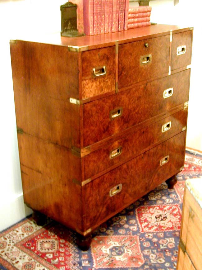 A RARE 19th Century English Burl Walnut Two-Part Campaign Desk and Chest of Drawers Signed Hill & Millard
