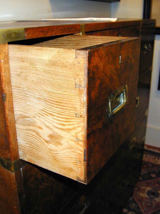A RARE 19th Century English Burl Walnut Two-Part Campaign Desk and Chest of Drawers Signed Hill & Millard — image 6