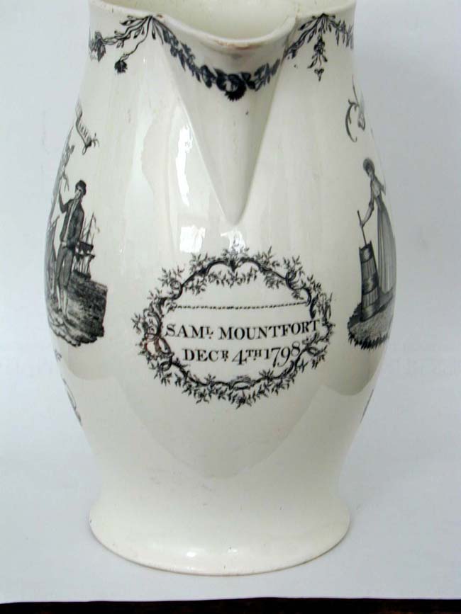 A Fine and Large English Liverpool Black Transfer Printed Pitcher Dated 1798 — image 4