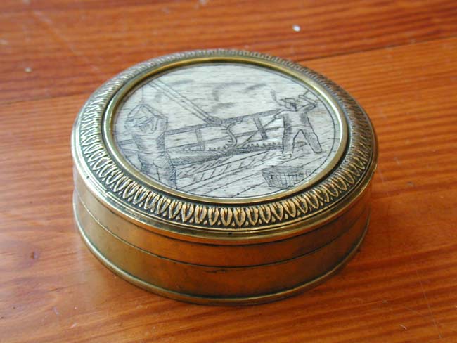 A 19th Century Brass Tobacco Box with Inset Scrimshawed Whalebone Scene on the Lid