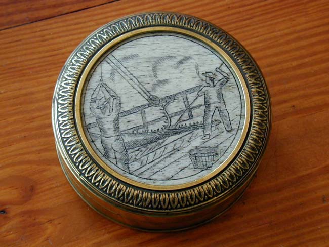 A 19th Century Brass Tobacco Box with Inset Scrimshawed Whalebone Scene on the Lid — image 2