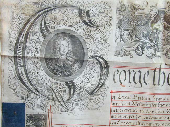 A Fine 18th century Initial Letter Portrait of King George II on a Trust Indenture Dated 1743