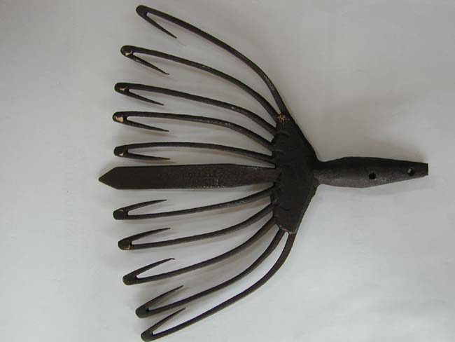 A 19th century Hand Wrought Iron Eel Spear stamped "T. Bedell, Freeport"