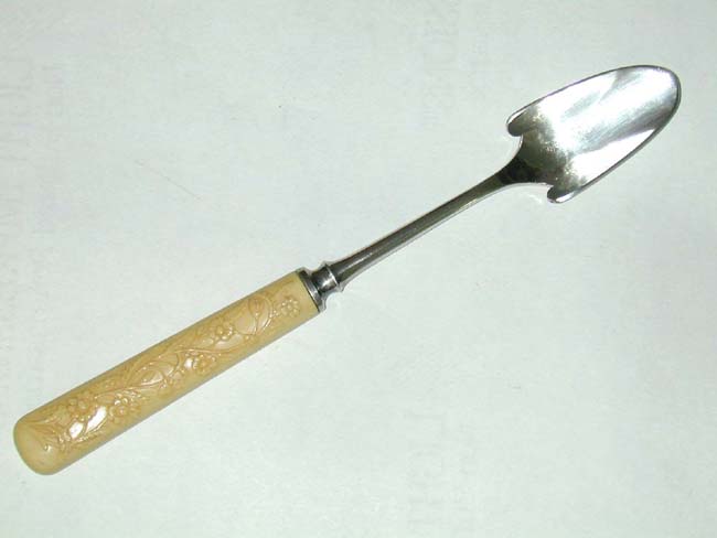 An Antique English Silver Plated Cheese Scoop With Fancy Bone Handle Circa 1860