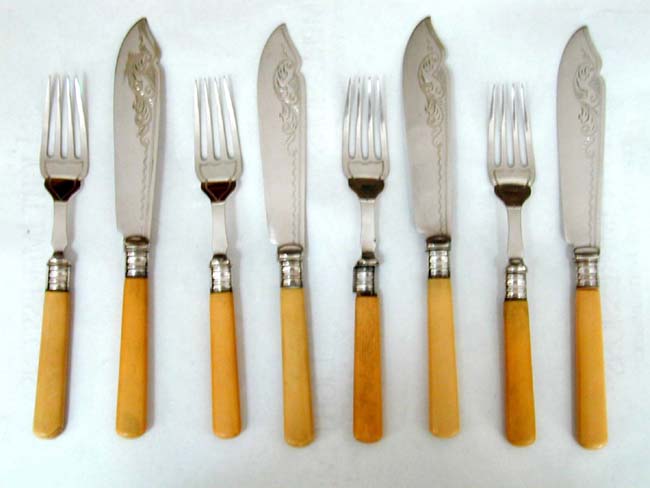 A Good Antique Set of English Bone Handled Fish Fork and Knifes circa 1870