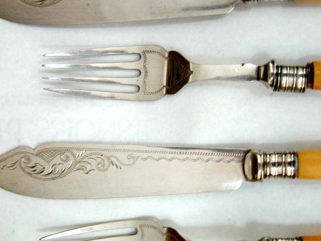 A Good Antique Set of English Bone Handled Fish Fork and Knifes circa 1870 — image 2