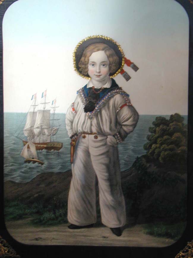 A Beautiful Pair of Antique Decoupage Handcolored Lithographs of a Sailor Boy and a Young Girl.
